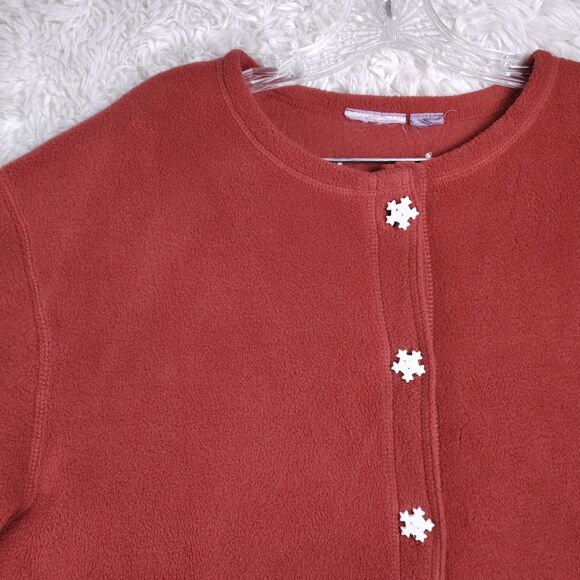 W 2X Brick Red Fleece Christmas Cardigan Embroidered Snowmen Snowflake Buttons - Picture 2 of 8